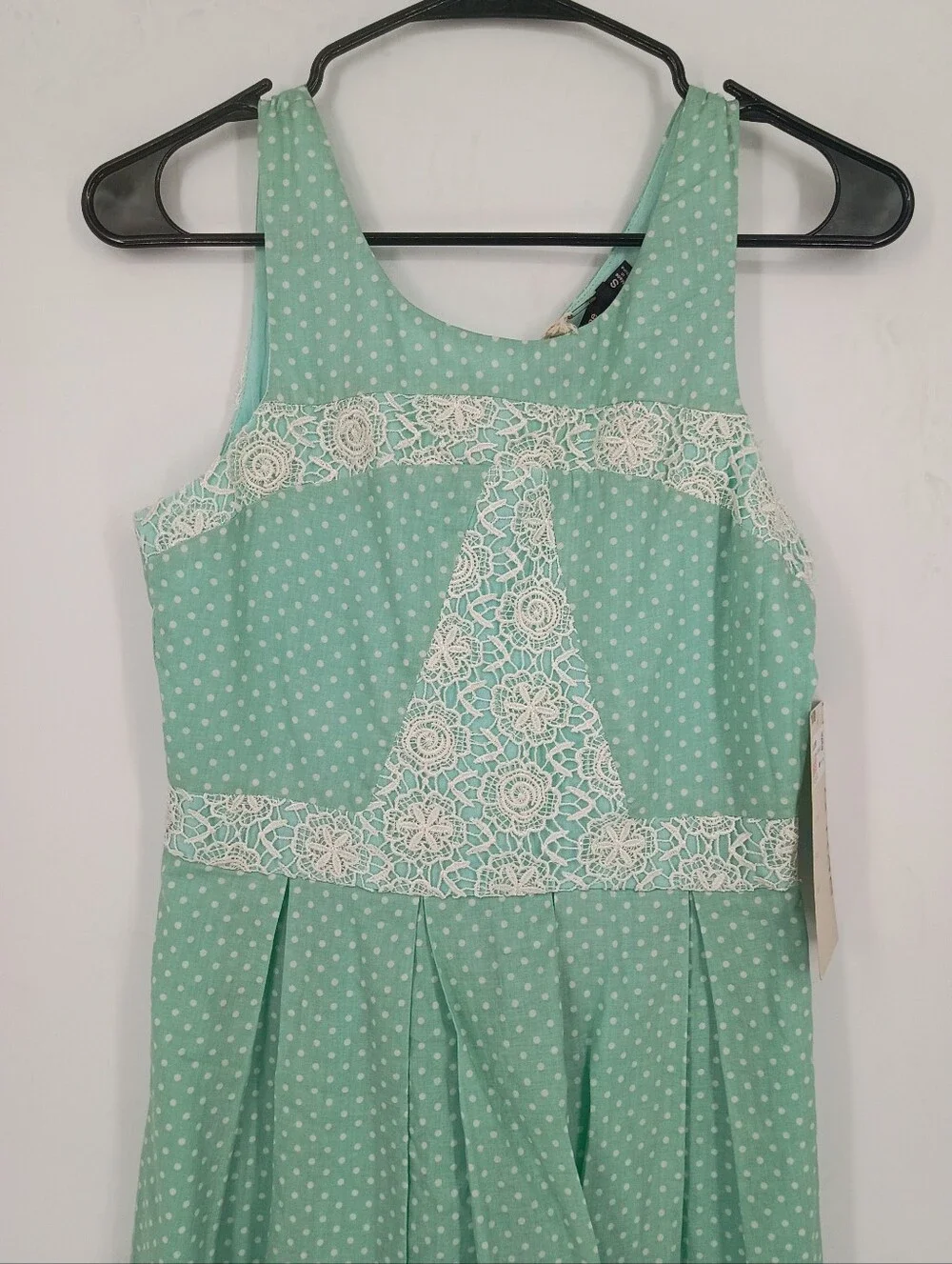 Doe & Rae Mint Polka Dot Lace Trim Coquette Cottagecore Mini Sundress
